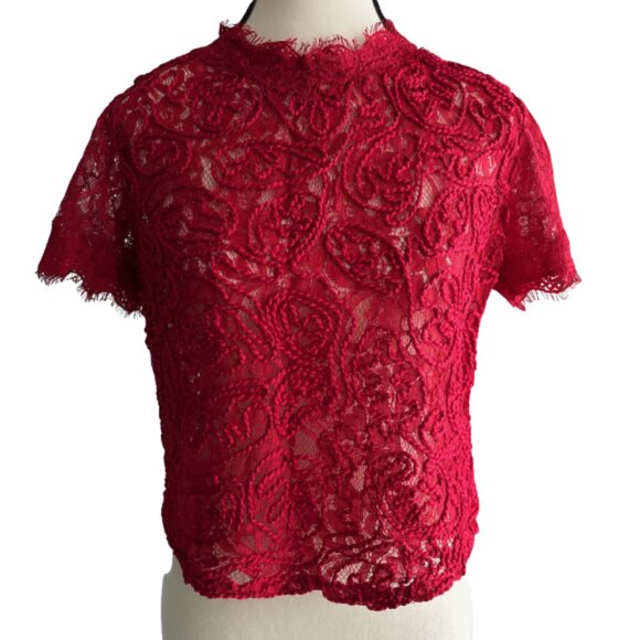 ZARA RED TEXTURED LACE TOP WITH ZIPPER ON THE BACK, SZ. M - Picture 2 of 6